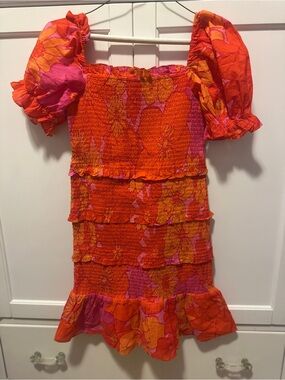 Girls j.Marie Lizzie Orange Pink Floral Smocked Casual Dress- NWT 14